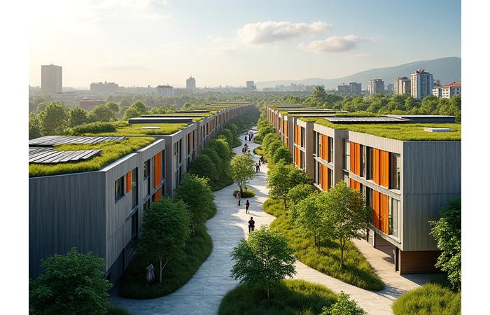Vedere panoramică a noului cartier regenerativ din Gheorgheni, Cluj. Clădiri cu design inovator, acoperișuri verzi, panouri solare, spații comunitare pline de verdeață, piste de biciclete și zone pietonale, sugerând un stil de viață sustenabil și energic.