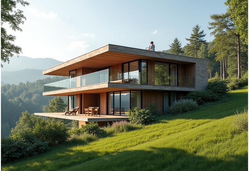 Clădire modernă în Transilvania, cu elemente de design inteligente adaptate la variațiile climatice locale – streșini largi pentru soarele de vară, izolație termică eficientă pentru iarnă, ferestre mari orientate strategic.