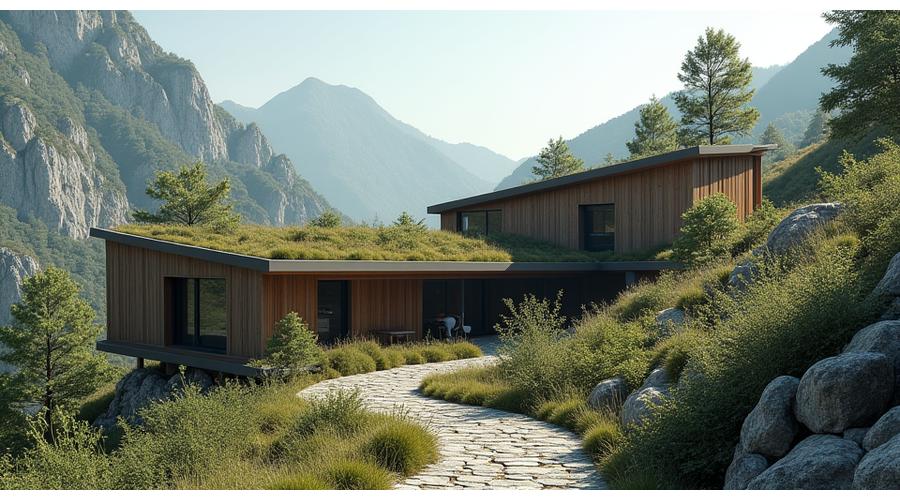 Arhitectură modernă integrată într-un peisaj montan din Transilvania, cu materiale naturale locale și vegetație specifică bioregiunii.