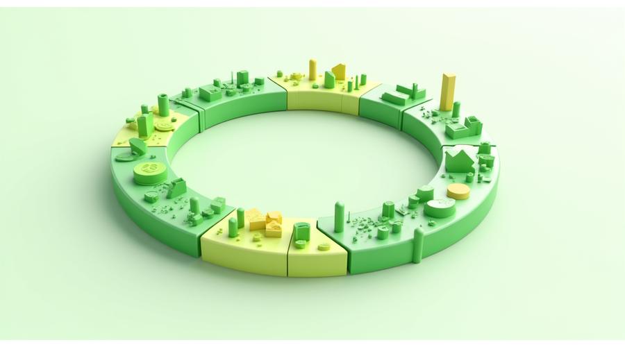 Grafic complex, dar intuitiv, care ilustrează ciclurile unei economii circulare în construcții, cu fluxuri de materiale, energie și apă, simbolizând reutilizare și reciclare.