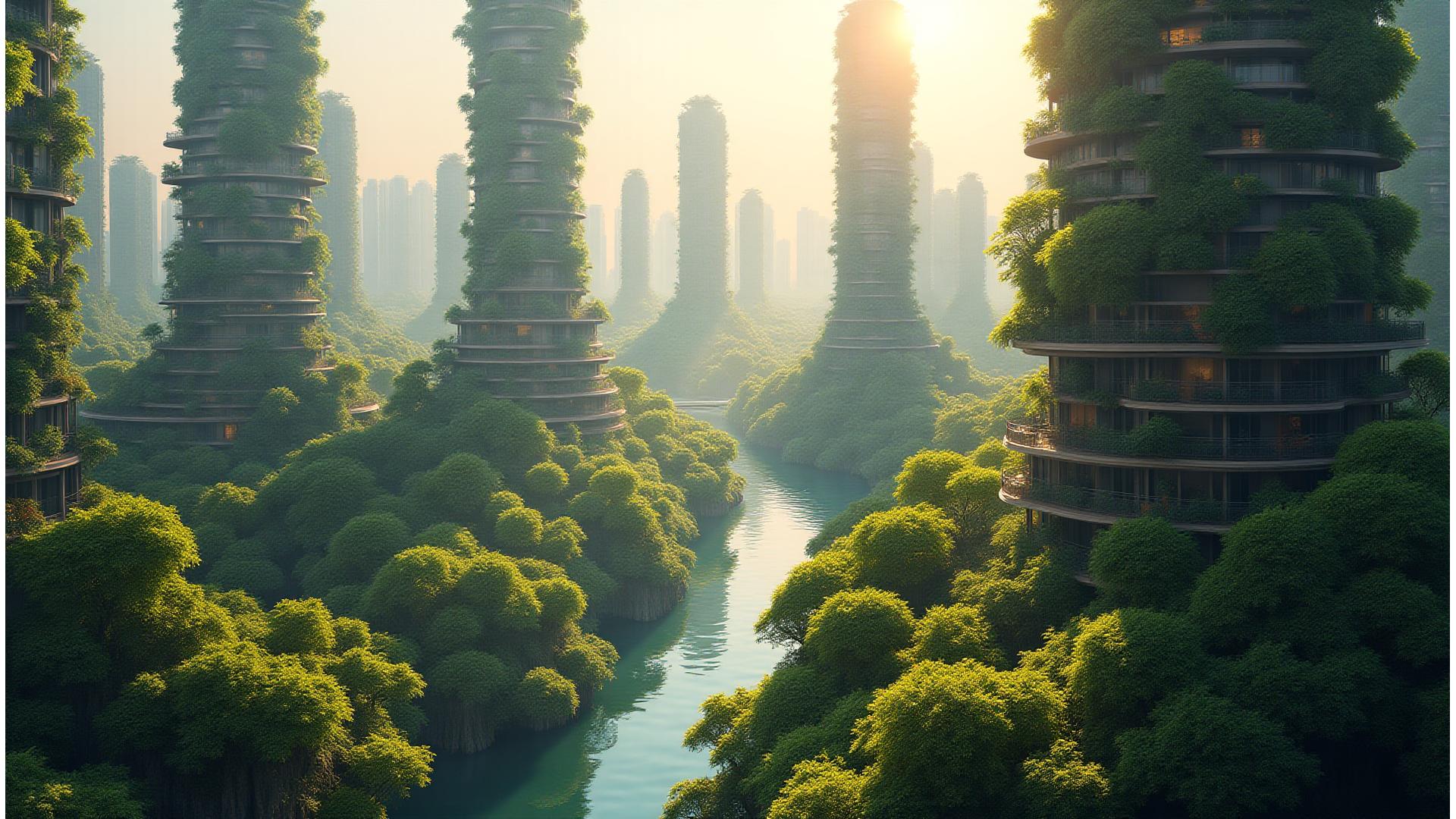 Vedere aeriană a unui oraș modern cu zone verzi extinse, interconectate, parcuri urbane luxuriante și râuri curățate, simbolizând regenerarea urbană și armonia cu natura.