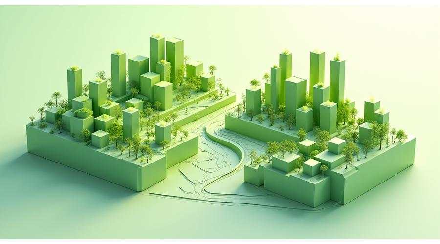 Diagramă stilizată a unui ecosistem urban interconectat, cu săgeți care arată fluxurile de energie, apă și nutrienți între clădiri, spații verzi și comunitate.