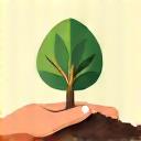 Mână care plantează un copac tânăr într-un sol bogat, cu materiale de construcție fabricate din lemn și alte resurse regenerabile în fundal, simbolizând materiale cu amprentă negativă de carbon.