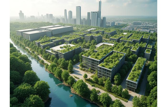 Vedere aeriană transformată a unui fost parc industrial poluat, acum un hub verde vibrant, cu clădiri moderne înconjurate de grădini urbane, zone acvatice și spații de recreere.