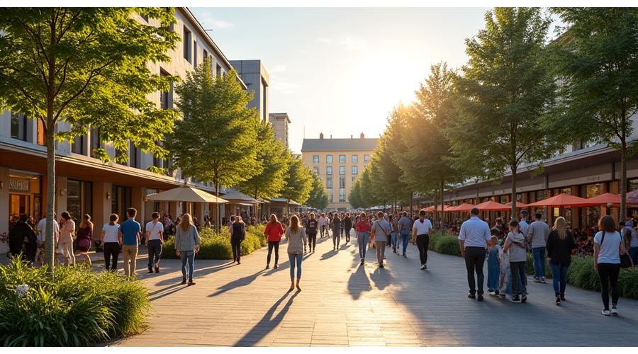 Piață urbană vibrantă din Cluj-Napoca, plină de viață, cu localnici, artiști stradali, evenimente culturale și arhitectură modernă integrând elemente tradiționale românești.