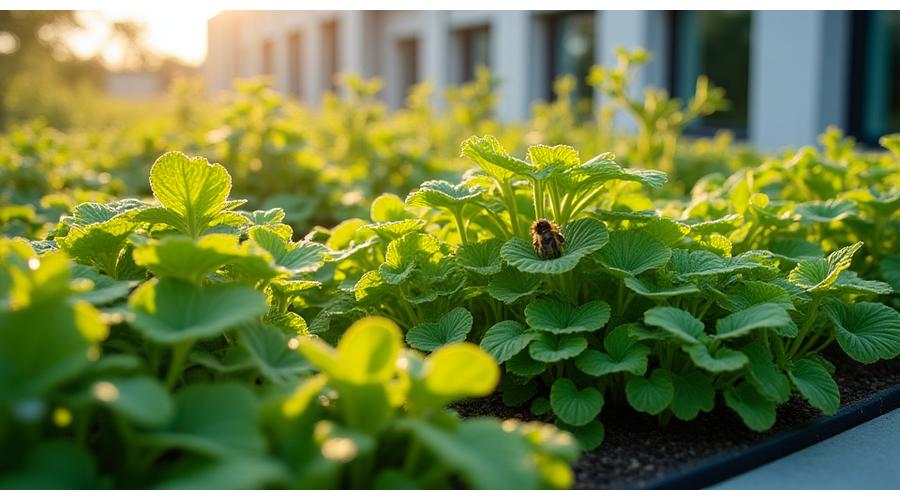 Vedere detaliată a unui acoperiș verde luxuriant pe o clădire modernă, cu plante native, insecte polenizatoare și sisteme inteligente de colectare a apei de ploaie, evidențiind interacțiunea cu ecosistemul.
