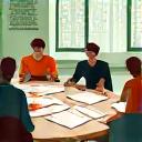 O masă rotundă într-un spațiu luminos și inspirațional, cu oameni de diverse vârste și profesii angajați profund în discuții constructive și schițe, un moderator ghidând procesul. Atmosferă colaborativă și creativă.