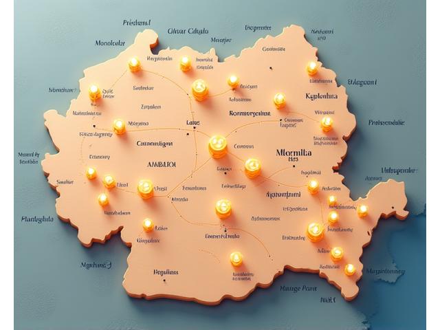 Hartă stilizată a Transilvaniei cu puncte luminoase indicând furnizori locali de materiale sustenabile.