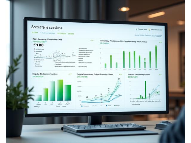 Panou de bord digital cu grafice și diagrame, prezentând KPI-uri precum calitatea aerului, consumul energetic și feedback-ul clienților.