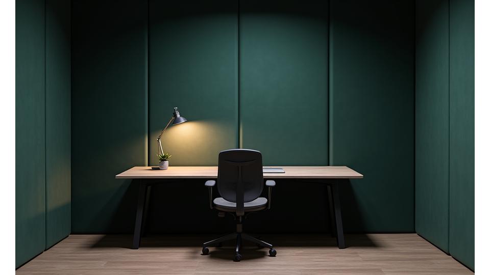 Imagine ce ilustrează o zonă de 'deep work' într-un birou modern, cu panouri acustice și iluminare focalizată.