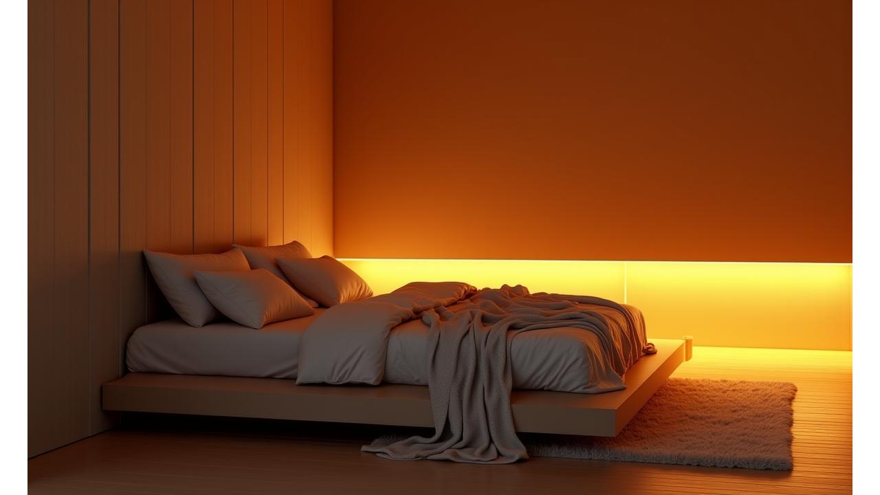 Dormitor minimalist cu tratament acustic subtil și iluminare caldă, fără lumină albastră, ideal pentru somn.