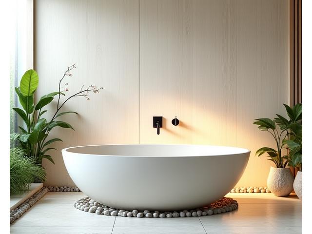 Baie modernă cu o cadă freestanding din piatră naturală, pereți placați cu lemn deschis, plante delicate și lumini ambientale calde care creează o atmosferă de spa.