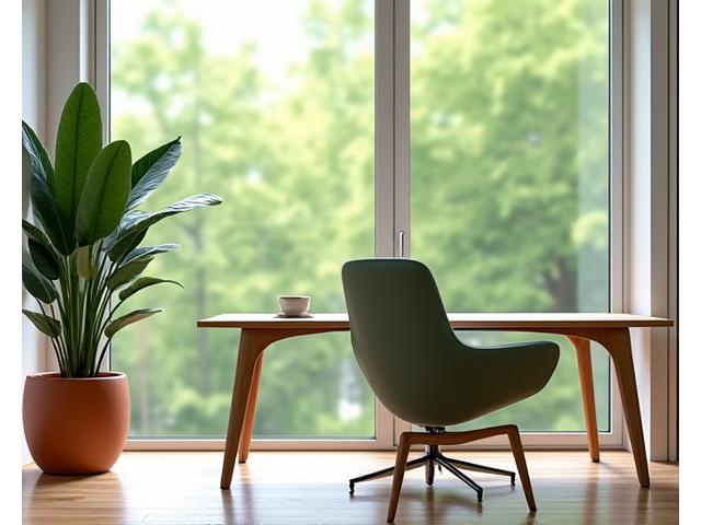 Birou de acasă minimalist cu o masă din lemn curbat, scaun ergonomic, vedere amplă către un peisaj natural și o plantă mare purificatoare de aer.