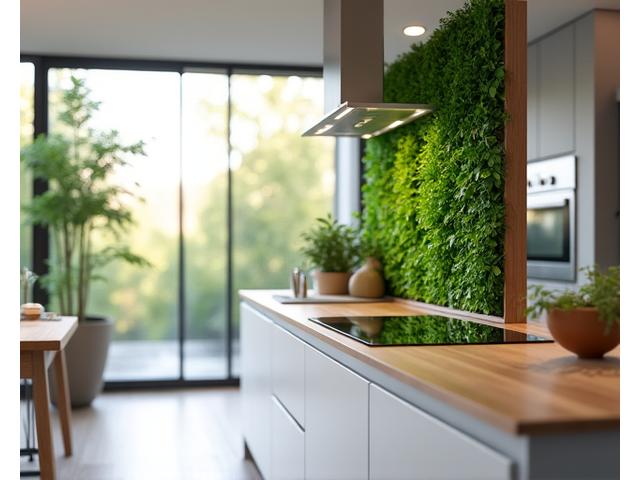 Bucătărie modernă cu insulă centrală, o mică grădiniță verticală de ierburi aromatice integrată, și acces direct la o terasă luminoasă.