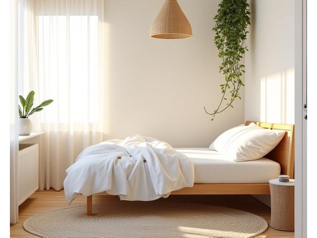 Dormitor spațios cu pat din lemn masiv, lenjerie din bumbac organic, lumină difuză și plante suspendate. O atmosferă calmă, propice somnului.