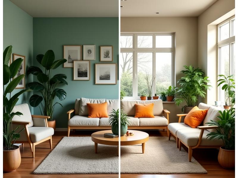 Imagine comparativă before/after a unui living, trecerea de la un spațiu aglomerat și întunecat la unul luminos, aerisit, cu plante verzi și materiale naturale, reflectând principiile designului interior wellness.