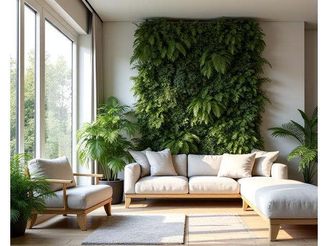 Living room luminos cu un perete verde vertical interior pe fundal, mobilier minimalist din lemn deschis și multă lumină naturală.