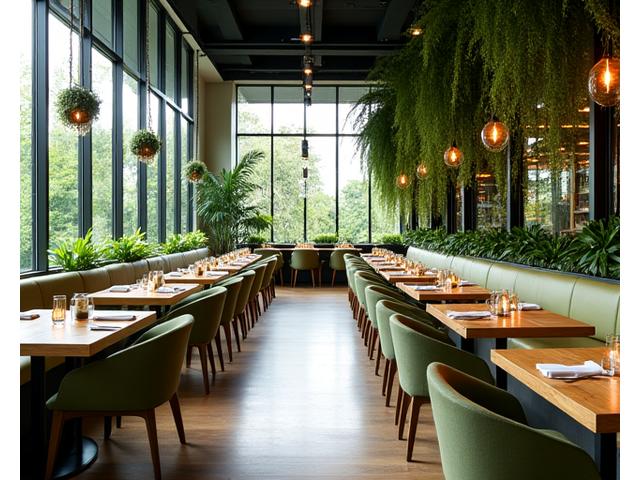 Interiorul unui restaurant cu design biophilic, mese din lemn, scaune confortabile, pereți verzi și plante suspendate care creează o atmosferă primitoare și naturală.