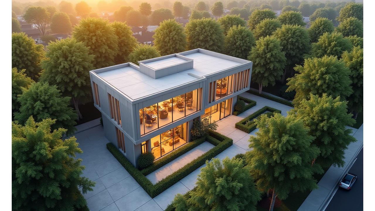 O fotografie aeriană a unei case moderne cu un design deschis, integrată armonios într-un cartier rezidențial verde. Se observă alei largi, o mică grădină adaptată și o lumină caldă emanând din interior, sugerând un mediu primitor și accesibil, care facilitează conexiunea cu exteriorul.