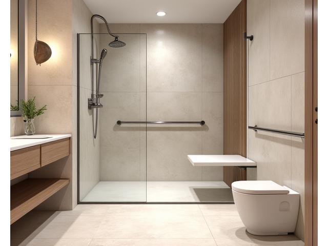 O baie spațioasă și modernă, cu un duș walk-in fără prag, o bancă de duș integrată, WC cu înălțime ajustată și mânere de sprijin discrete. Materiale de finisaj elegante, culori neutre și iluminat moale.