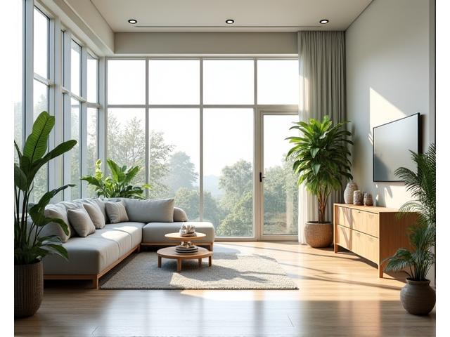 Un interior luminos, calm și organizat, cu ferestre mari, plante de interior, și mobilier confortabil. Spațiul are o paletă de culori liniștitoare, texturi naturale și este lipsit de aglomerație, promovând claritatea mentală și relaxarea.