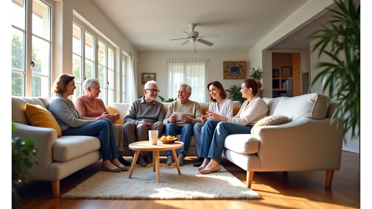 O familie fericită, cu un cuplu senior activ și un adult tânăr, zâmbind într-un living luminos, spațios și adaptabil, cu elemente de design modern și accesibil. Lumina naturală abundă.