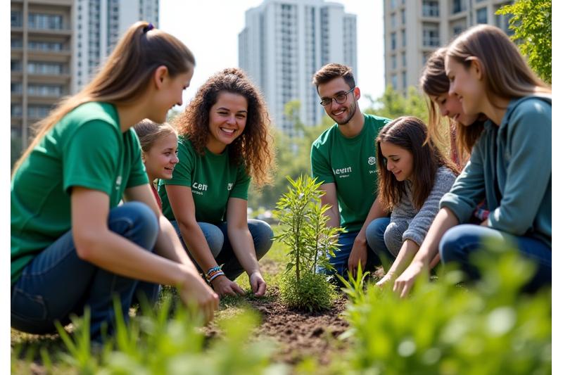 Membri ai echipei Zenit Urban, voluntari, plantând copaci într-un parc din Cluj-Napoca.