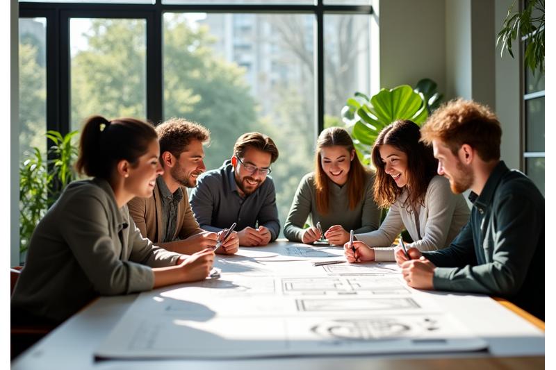 Echipa Zenit Urban într-un studio de arhitectură luminos, colaborând pe un proiect de design biofilic.