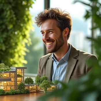 Arhitect Radu Moldovan, vizualizând un model 3D de design biofilic cu vegetație integrată.