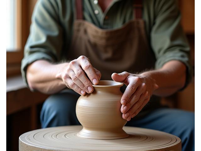 Ceramist din Corund lucrând la o vază.