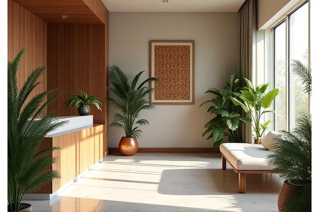 Interior modern cu elemente de design tradiționale românești, lumina naturală și plante.