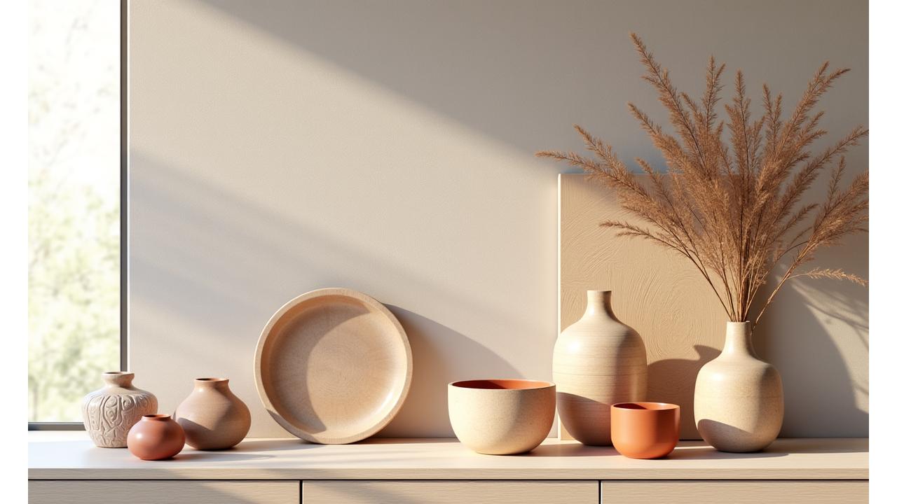 Colecție de materiale naturale din Transilvania, precum lemn sculptat, ceramică lucrată manual și țesături tradiționale, aranjate armonios într-un studio de design.