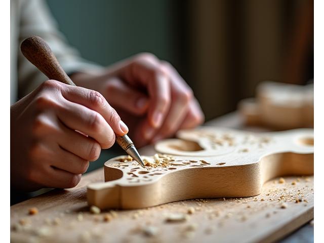 Sculptor în lemn din Maramureș modelând o piesă modernă.