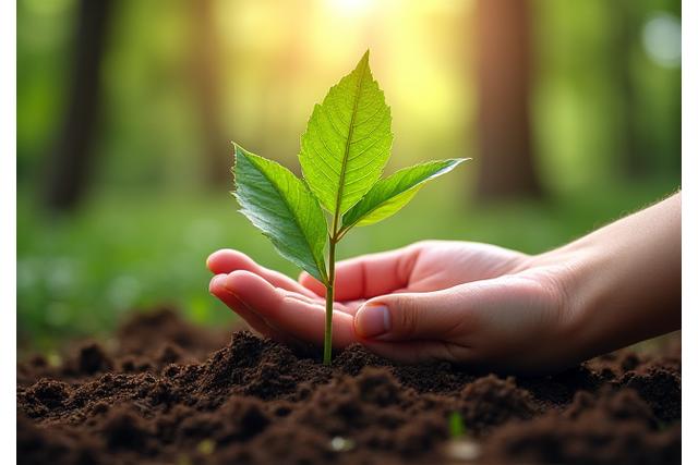 Mână care plantează un copac tânăr într-o pădure, simbolizând gestionarea sustenabilă a resurselor.