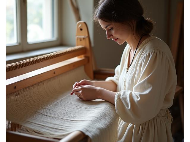 Femeie țesătoare din Kalotaszeg la război, creând un material natural.