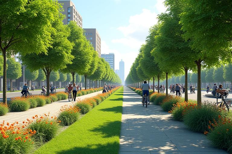 Alee urbană transformată într-un coridor verde, cu copaci maturi, bancuțe, zonă pietonală largă și oameni plimbându-se.