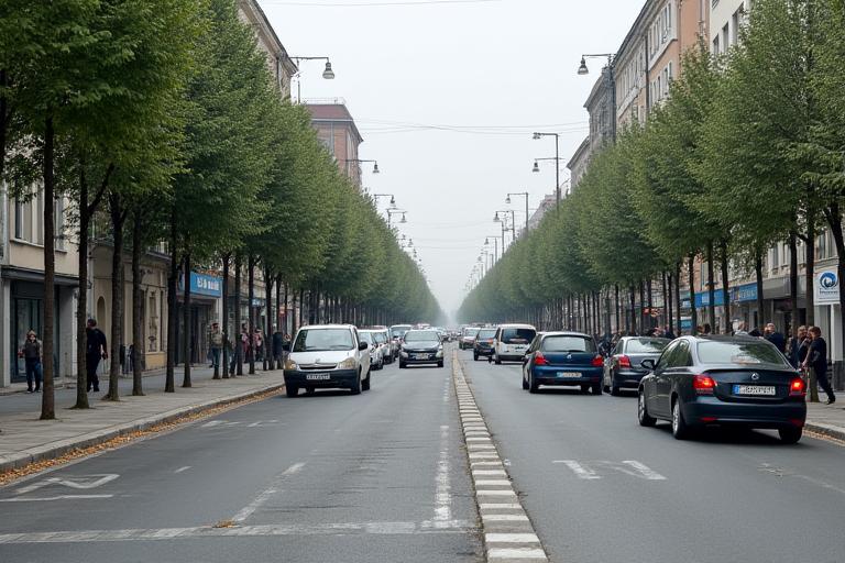 O stradă urbană aglomerată, lipsită de vegetație, înainte de crearea coridoarelor verzi.