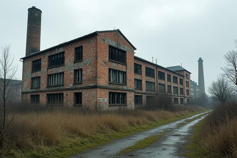 Fabrica de Bere Cluj înainte de regenerare, o zonă industrială veche, cenușie, cu clădiri delabrate.