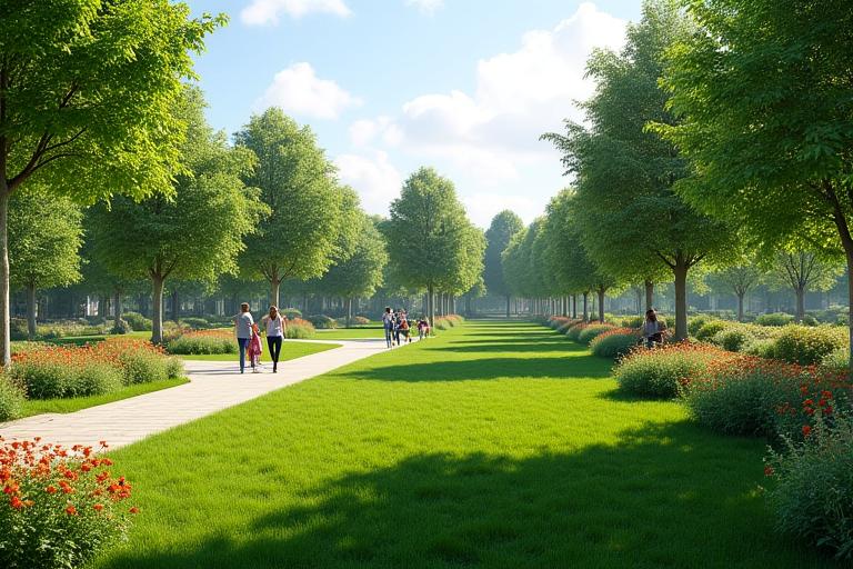 Extinderea Parcului Central Cluj, o zonă nouă, luxuriantă, cu gazon, copaci, o pistă de alergat și familii bucurându-se de natură.