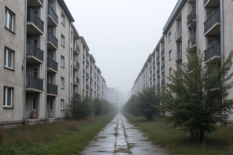 Zona rezidențială Someșeni înainte de intervenție, cu blocuri uniforme și lipsă de spații verzi.