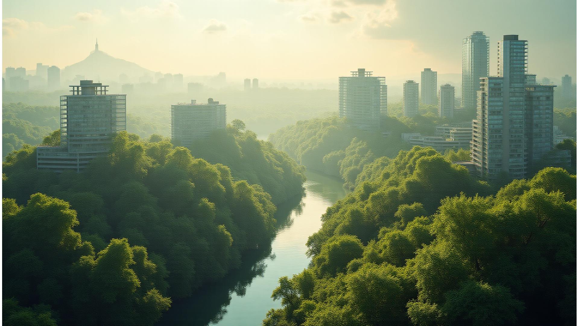Vedere aeriană a Clujului modern, cu zone verzi integrate, clădiri contemporane și un râu curgând prin oraș. Simbolizează planificarea urbană sustenabilă și armonia cu natura.