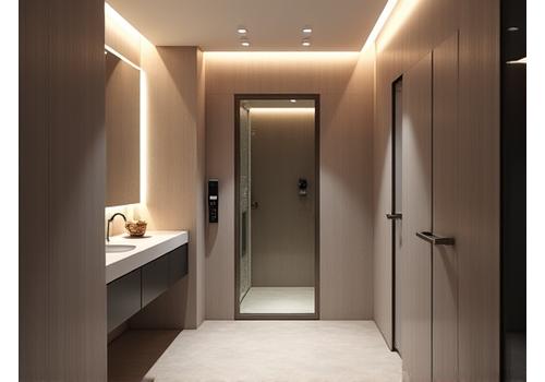 Soluție de spa compactă într-un apartament urban, cu elemente de design inteligente pentru optimizarea spațiului.