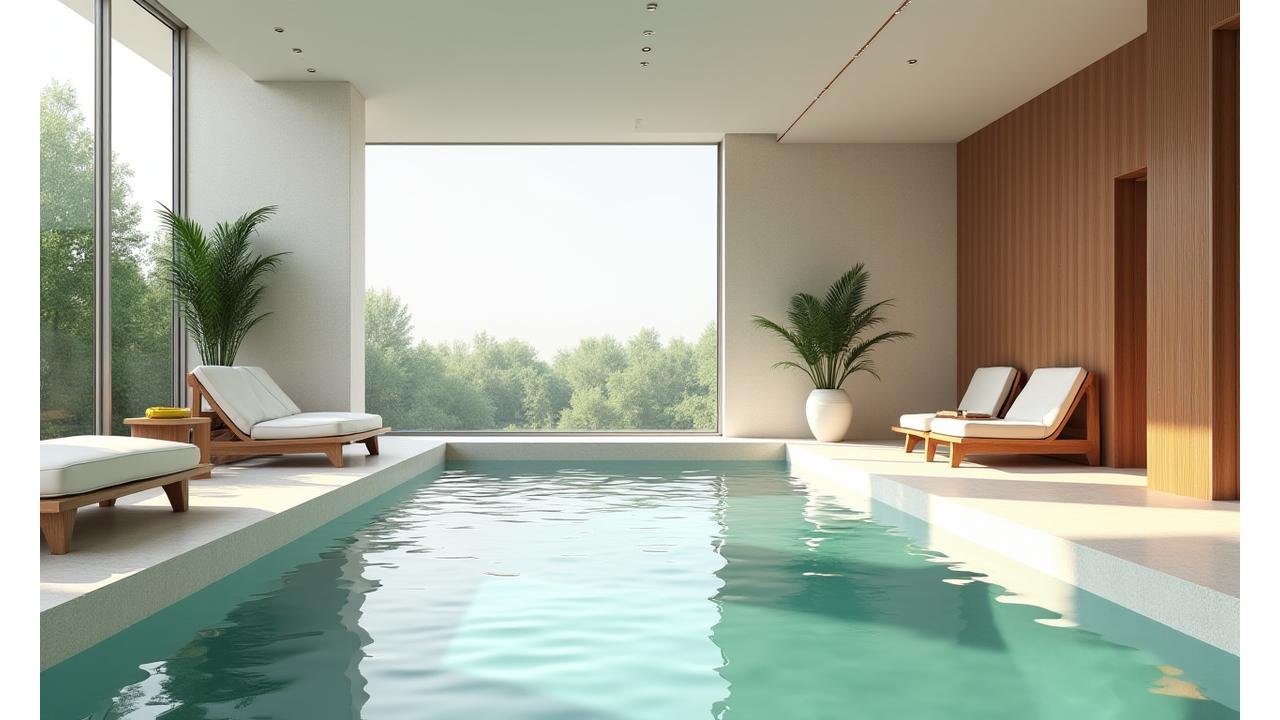 O galerie de imagini cu un spa luxury minimalist, prezentând un bazin interior cu lumină naturală și materiale naturale.