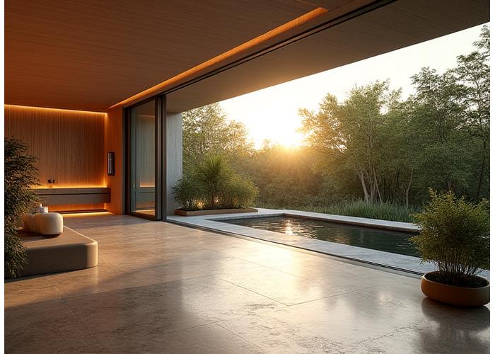 Perete de sticlă glisant extins complet, conectând un spa interior cu o grădină luxuriantă, creând o fluiditate perfectă între interior și exterior.