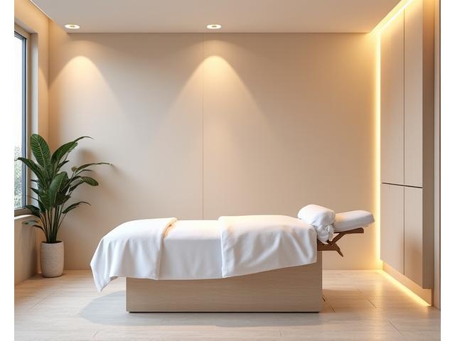 Sală de masaj cu izolare acustică, decor minimalist și sunete subtile din natură pentru terapii.