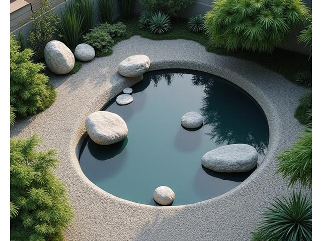 Grădină de meditație zen, cu elemente acvatice liniștitoare și plante native aranjate minimalist.