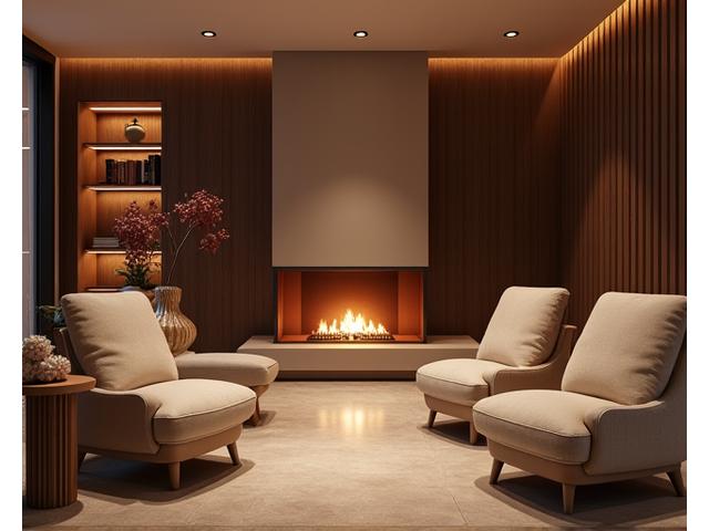 Lounge de relaxare spa cu șemineu modern, bibliotecă și fotolii confortabile, dominat de culori neutre.