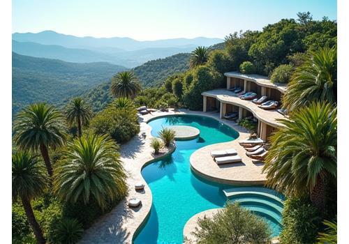 Un spa amplu dintr-un resort de wellness, cu piscine exterioare și zone de relaxare extinse în natură.