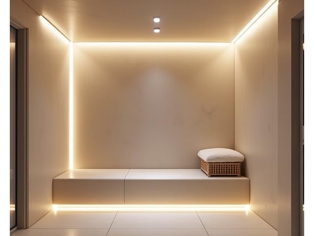Cameră de aburi modernă cu sisteme integrate de aromaterapie și iluminare ambientală naturală, pereți din tadelakt.