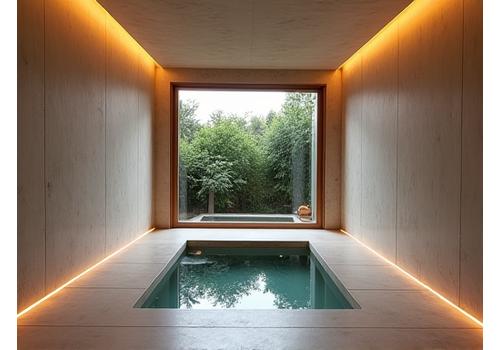 Interiorul unui spa privat dintr-o vilă, ce inspiră intimitate și lux personalizat, cu un bazin de mici dimensiuni.